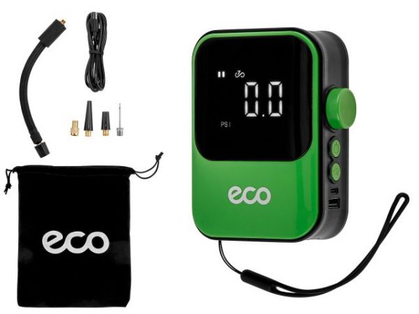 Компрессор автомобильный ECO AE-007 Comfort(7,4 В, 40 Вт, 18 л/мин, 4000 мА·ч, 10 Бар, LED дисплей, режим повербанка, фонарь, 4 насадки, сумка)