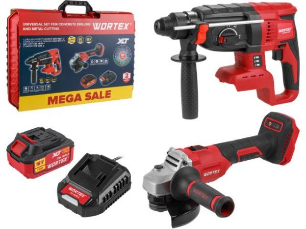 Набор инструмента WORTEX перфоратор + ушм в чем. ALL1 XLT SET СКИДКА -24%(перф. WORTEX CRH 1824-2 + УШМ WORTEX LX CAG 1812-1 E + 1 АКБ 4А*ч + ЗУ 2 А)