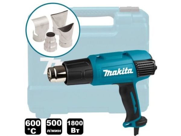 Термовоздуходувка MAKITA HG 6031 VK в чем. + набор сопл(1800 Вт, 2 скор., 50-600 °С, ступенч. рег.)