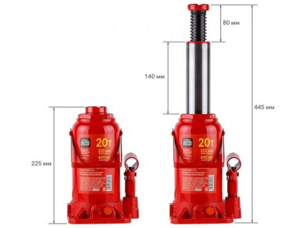 Домкрат гидравлический 20т бутылочный 225-445мм STARTUL AUTO (ST8018-20)(h min 225мм, h max 445мм)