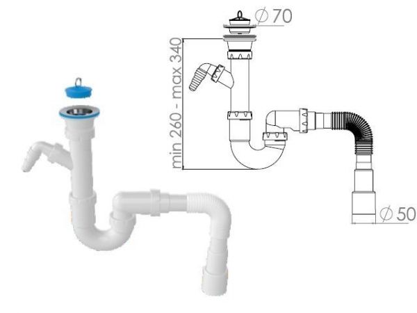 Сифон для кухни прямоточный с выпуском 70мм, с гибкой трубой 1 1/2' - 40/50мм, AV Engineering