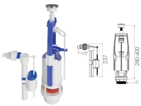 Арматура для смывного бачка универсальная с клапаном боковой подачи, AV Engineering(крепеж из нерж. стали)