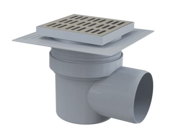 Сливной трап 150х150/110, подводка - боковая, решетка - нержавеющая сталь, воротник- 2-х уровневая