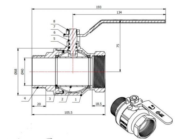 Кран шаровый 1 1/2' нар.-вн. ручка PN25, AV Engineering(Латунь, макс.  25 бар, макс.  110 °С)