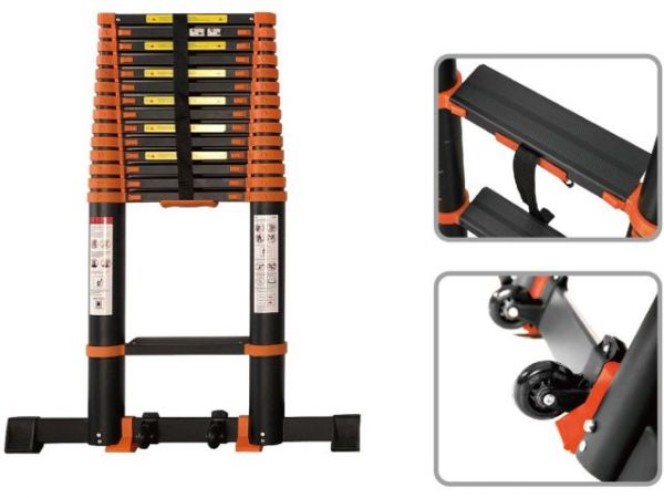 Лестница телескопическая 1-секц. алюм. 430см, 11 ступ. 10,8кг BLACK LINE STARTUL (ST9931-043)(ширина ступени 8см, прорезиненные колеса и доп.стабилизаторы)