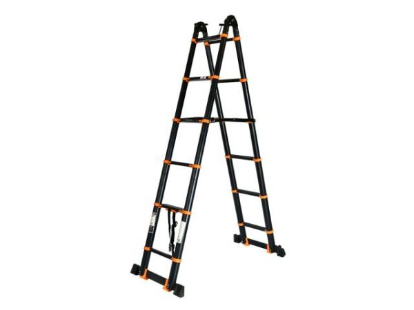 Лестница телескопическая 2-х секц. алюм. 290/580см, 2х7 ступ. 19,2кг BLACK LINE STARTUL (ST9932-058)(усиленное шарнирное соединение, ширина ступени 8см, прорезиненные колеса и доп.стабилизаторы)