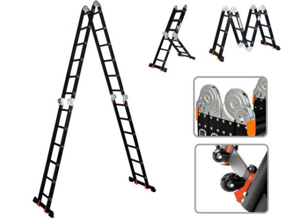 Лестница алюм. многофункц.4х6 ступ.(стрем.-332см,лестн.-690см) 17,0кг BLACK LINE STARTUL (ST9930-06)(усиленное шарнирное соединение, прорезиненные колеса и доп.стабилизаторы)