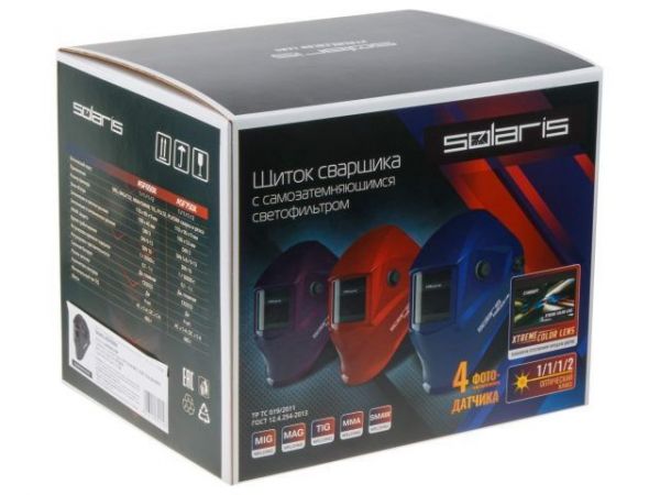 Щиток сварщика с самозатемняющимся светофильтром Solaris ASF650Х (красный металлик)(1/1/1/2; 100x45 мм (45,0 см2); DIN 3/9-13 (регул); 4 сенсора; естеств. передача цветов XtremeColorLe)