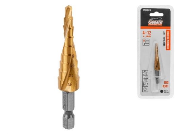 Сверло по металлу ступенчатое 4-12 мм HSS TIN GEPARD(спиральный профиль)