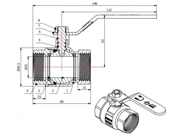 Кран шаровый 1' вн.-вн. ручка PN40, AV Engineering(Латунь, макс.  40 бар, макс.  110 °С)