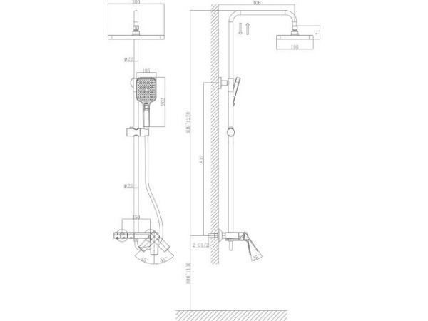 Душевая система (Lt) D35, серия Lily хром, a-five(На стену, Излив потайной в корпусе, роп. душ: вынос 405 мм, размеры 300х200 мм.)