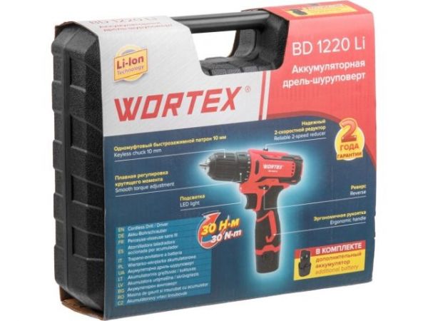 Дрель-шуруповерт WORTEX BD 1220 Li в чем. 12 В, 30 Н*м, 2х1.5 А*ч, БЗП 10 мм(шурупы до 6 мм)