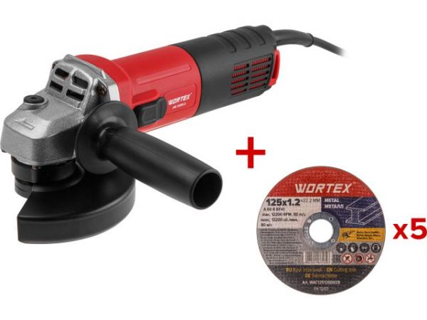 Одноручная углошлифмашина WORTEX AG 1209-3 в кор. 900 Вт, 125 мм, 11000 об/мин(Пылезащита, шариковые подшипники, 5 отрезных кругов в ПОДАРОК!)