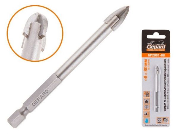 Сверло по кафелю/стеклу 8х80мм четырехкромочное шестигр. GEPARD (GP2081-08)(Impact, по керамической плитке, крестовая пластина)