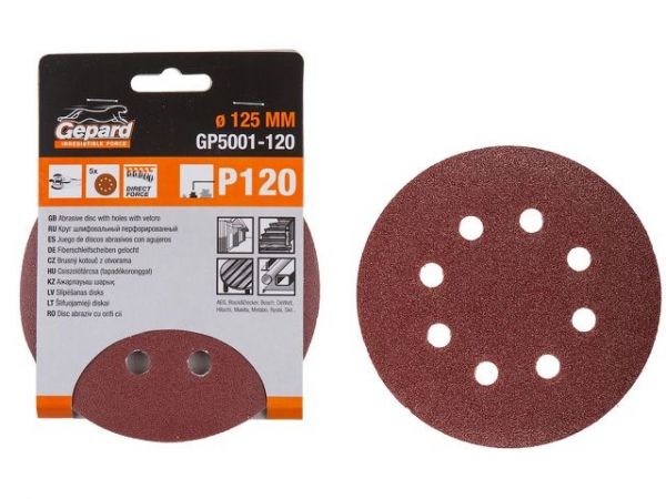 Шлифлист 125мм круг Р180 д/дерева 8 отв. 5шт. GEPARD (GP5001-180)(круг абразивный шлифовальный перфорированный)