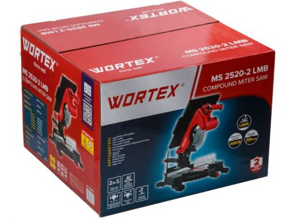 Торцовочная пила комбинированная WORTEX MS 2520-2 LMB в кор. 2000 Вт, 255 мм, глуб. 78 мм,  стол 60(2000 Вт, 255х30.0 мм, глуб. до 78 мм, шир. до 128 мм, лазер, стол 445х287 мм, пропил на столе 60 мм)
