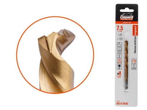 Сверло по металлу шестигр. 7.5х69х109 мм HSS-G TIN GEPARD(многогранная заточка)