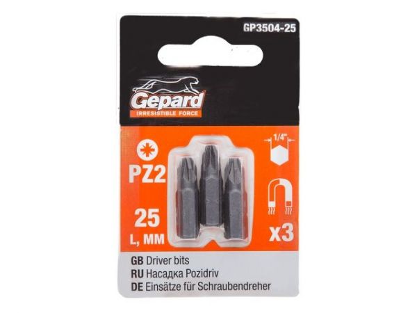 Насадка крестообразная PZ2 25мм  3шт GEPARD (GP3504-25)(бита Pozidrive позидрив сталь S2 магнитная)
