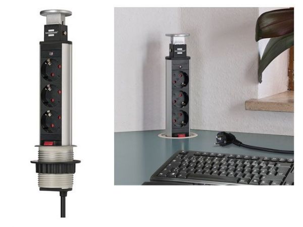 Удлинитель-башня 2м Tower-Power (3 роз, H05VV-F 3G1.5) Brennenstuhl(встраиваемый в столешницу, вертикальный выдвижной настольный удлинитель для постоянного монтажа)