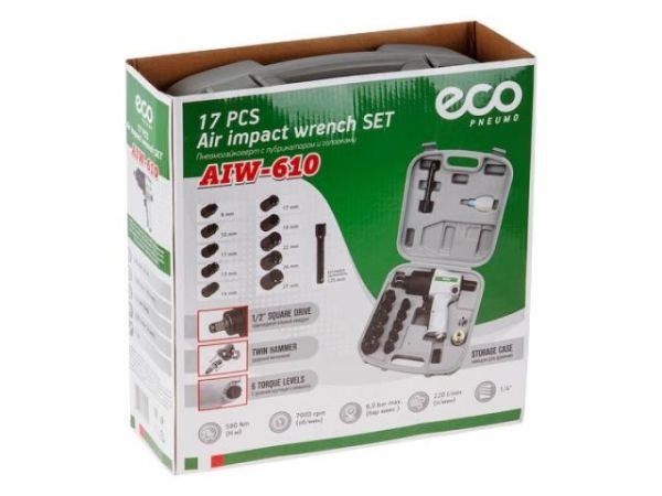 Пневмогайковерт 1/2' ECO AIW-610 с лубрикатором и головками(580 Нм; Ударный мех-м: twin hammer; 7000 об/мин; Макс.резьба: М18; 220 л/мин;)
