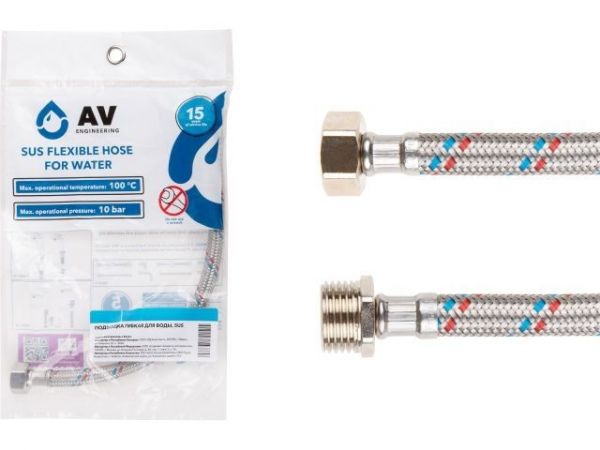 Подводка гибкая, SUS, гайка 1' - штуцер 1' 40см AV Engineering(16 Bar, 100°С, в пакете)