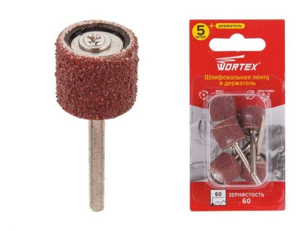 Шлифовальная лента 13 мм, зерно 60 + держатель WORTEX(раб. диам. 13 мм, диам. хвостовика 3.2 мм, зерно 60, 35000 об/мин)