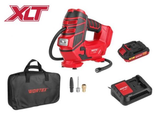 Компрессор WORTEX CTI 1811 в кор. ALL1 XLT SET 18 В, 11 бар, 12 л/мин, 1х2 А*ч, зу(18В/ 160 PSI / 11 бар / 1100 кПа, цифровой манометр, 600 мм шланг, подсветка)