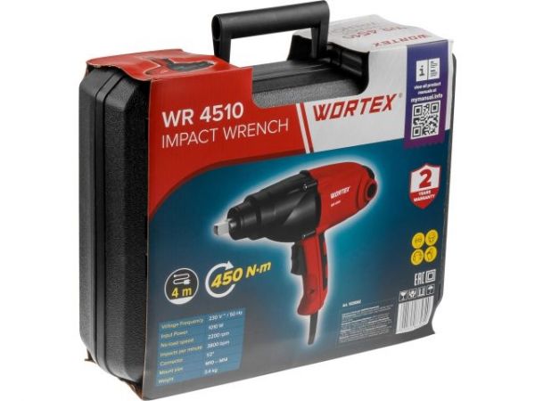Гайковерт электрический WORTEX WR 4510 в чем. 450 Н*м, 1010 Вт, 3800 уд/мин(2200 об/мин., 4 м шнур, 3.4 кг)
