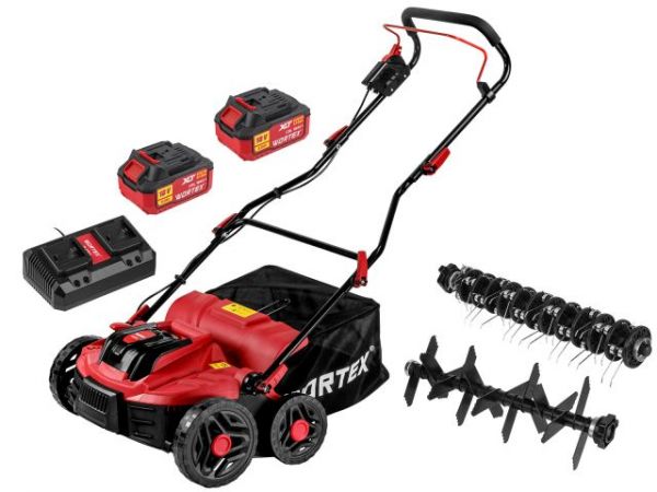 Аэратор-скарификатор WORTEX CAE 3736 ALL1 XLT SET БЕСЩЁТ.ДВИГ., 18В+18В, шир. 37 см(2 4Ач акб, зу, вал для аэрации, вал для скарификации, 5 рег.высоты, 45 л травосборник)