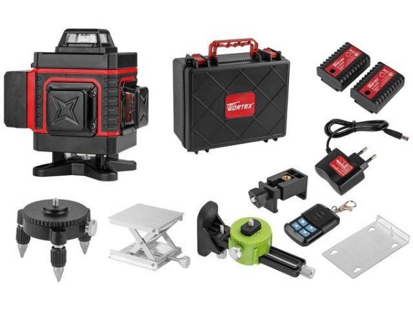 Нивелир лазерный WORTEX LL 0340 в чем. + аксессуары 4х360°, до 25 м, +/- 0.3 мм/м, зеленый(резьба 1/4')