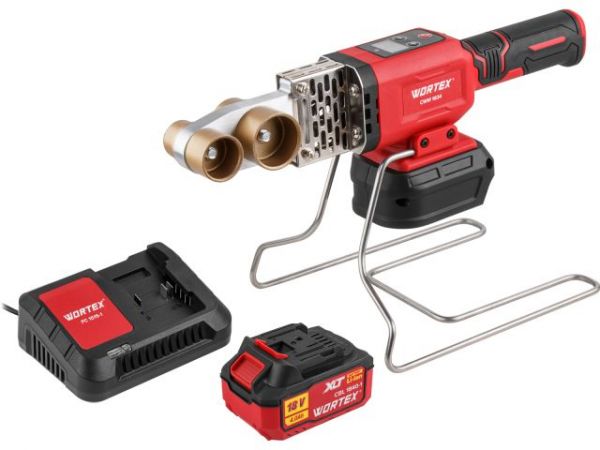 Сварочный аппарат для полимерных труб WORTEX CWM 1834 ALL1 XLT SET с акб и зу+3 насадки(300 Вт, 25-340 C, электронная регулировка.)
