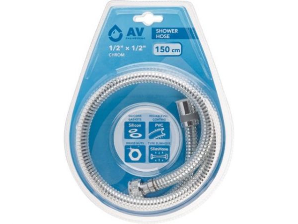 Шланг душевой PVC, 1/2' г-г 150 см, хром, AV Engineering(Гайка латунь, 10 бар)