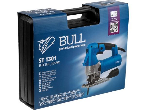Лобзик электрический BULL ST 1301 в чем. 800 Вт, 800-2600 ход/мин, до 135 мм(Кабель 4 м, подсветка, литая алюминиевая платформа, работа с пылесосом, быстрозажим. патрон)