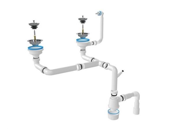 Сифон для кухни с круглым переливом, двойной, выпуски 3 1/2, с гибкой трубой 1 1/2 - 40/50мм, AV Eng