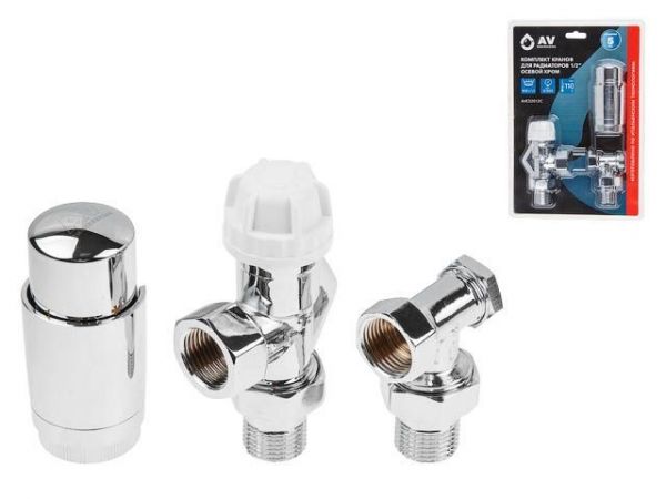 Комплект кранов осевой 1/2' для радиатора ХРОМ, AV Engineering (инд. упак.)(M30x1.5)