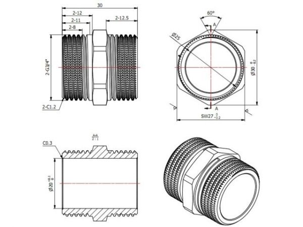 Ниппель 3/4' нар.-нар., AV Engineering (инд. упак.)(Латунь, макс.  16 бар, макс.  100 °С)