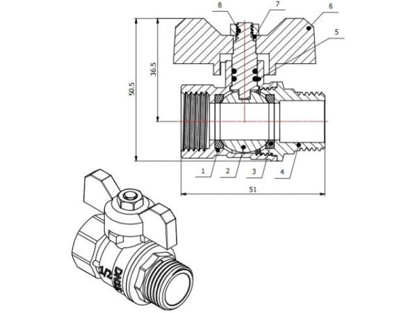 Кран шаровый 1/2' нар.-вн. бабочка PN30, AV Engineering(Латунь, макс.  40 бар, макс.  110 °С)