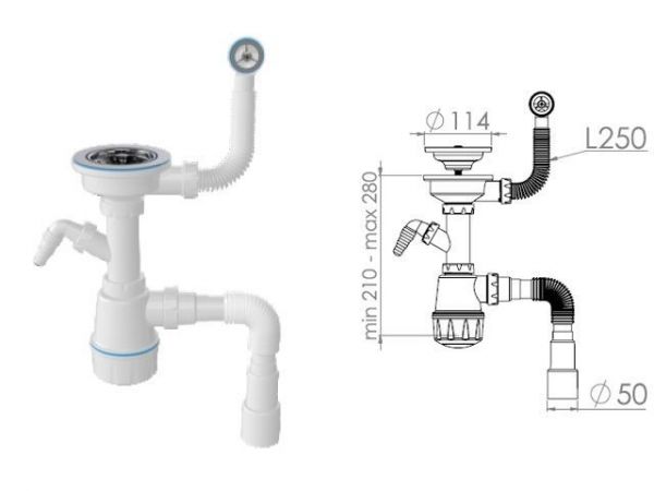 Сифон для кухни с круглым переливом, выпуск 3 1/2, пластиковый винт 45мм, с гибкой трубой 1 1/2'AV E