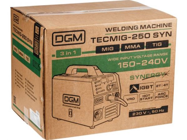 Полуавтомат сварочный DGM TECMIG-250 SYN(220В; MIG/FLUX/MMA/TIG; Синергия; евроразъем; смена полярности)