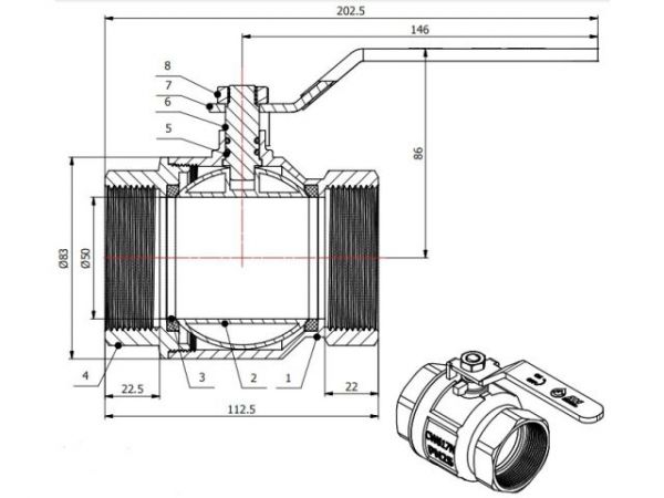 Кран шаровый 2' вн.-вн. ручка PN25, AV Engineering(Латунь, макс.  40 бар, макс.  110 °С)