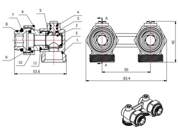 Клапан угловой шаровый 3/4' нар. для радиатора (мультифлекс), AV Engineering (инд. упак.)(для нижнего подключения радиаторов)