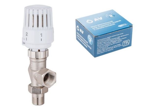 Кран вентильный осевой 1/2' вн.-нар. для радиатора с термоголовой, AV Engineering(Латунь, макс.  16 бар, макс.  110 °С, M30x1.5, подача)