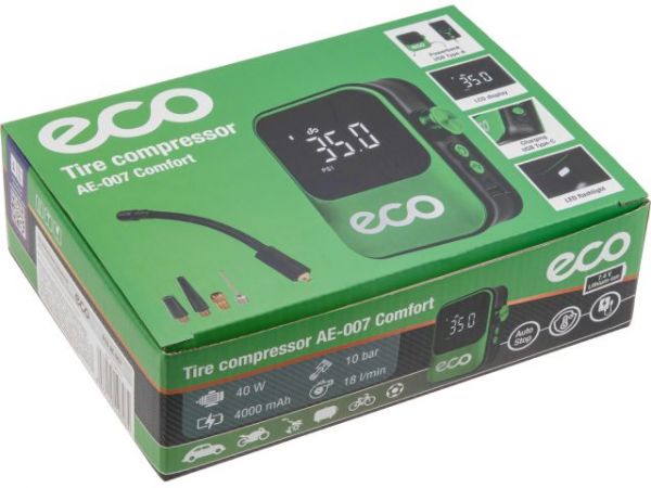 Компрессор автомобильный ECO AE-007 Comfort(7,4 В, 40 Вт, 18 л/мин, 4000 мА·ч, 10 Бар, LED дисплей, режим повербанка, фонарь, 4 насадки, сумка)