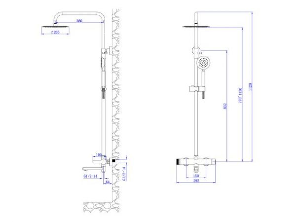 Душевая система (SUS 304) D35, серия BON AV Engineering(На стену, Троп. Душ: вынос 360 мм.)