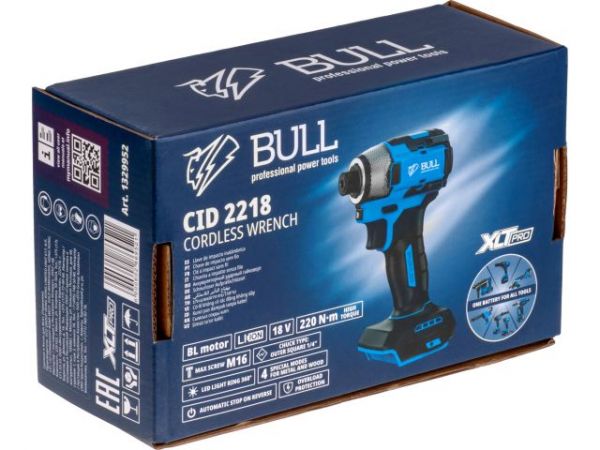 Ударный гайковерт/винтоверт BULL CID 2218 в кор. XLTpro, SOLO, БЕСЩЕТ., 18 В, 220 Н*м(LED 360°, 8 режимов работы, память режима, защита от перегрузки/перегрева)