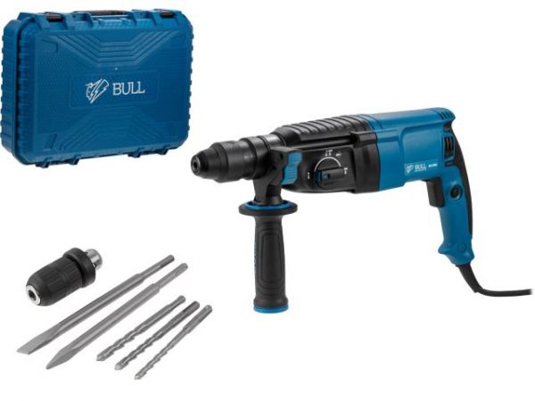 Перфоратор BULL BH 2602 в чем. 800 Вт, 3.0 Дж, 4 реж. + 2 зубила, 3 сверла, БЗП в комплекте(800 Вт, 3.0 Дж, 4 реж., патрон SDS-plus, БЗП в комплекте, вес 3.4 кг)