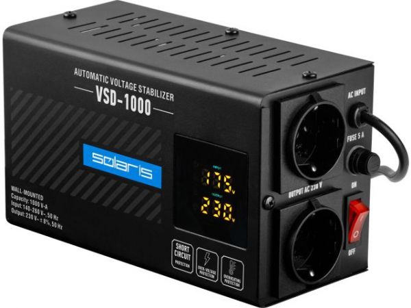 Стабилизатор напряжения Solaris VSD-1000(1000 В*А; 140-260 В; 2 розетки; настенный монтаж)