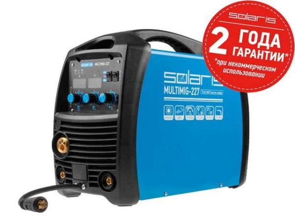 Полуавтомат сварочный Solaris MULTIMIG-227(230В; MIG/FLUX/MMA/TIG; евроразъем; горелка 3 м; смена полярности; 2T/4T/Spot)