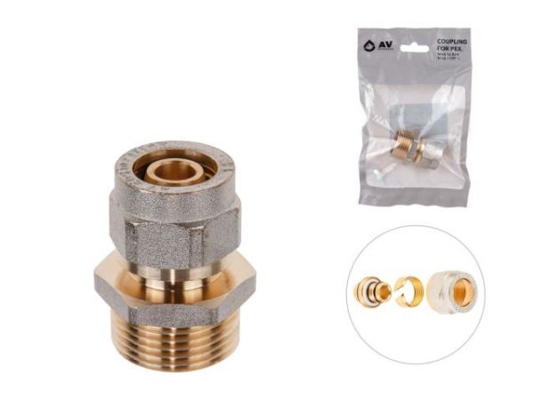 Ниппель 16(2.0) х 3/4' нар. для труб PEX, AV Engineering (инд. упак.)(для металлопластиковых и PEX труб)