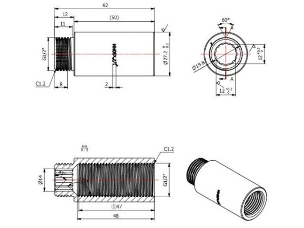 Удлинитель 1/2' вн.-нар. х 50 мм, AV Engineering (инд. упак.)(Латунь, макс.  16 бар, макс.  110 °С)